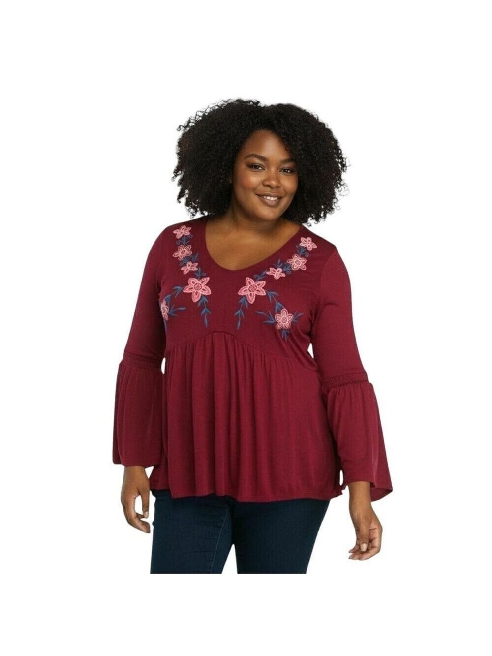 New Directions V-Neck Floral Bell Sleeve Blouse Top Plus 1X NWT